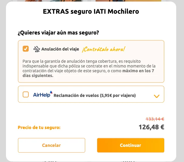 Cobertura extra IATI anulación viaje